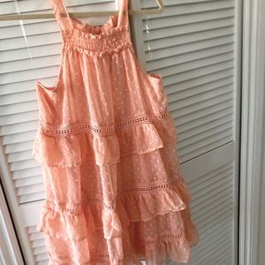 Peach colored ruffle dress NWT. Sweet tie at back of neck, lined. LoveSF look